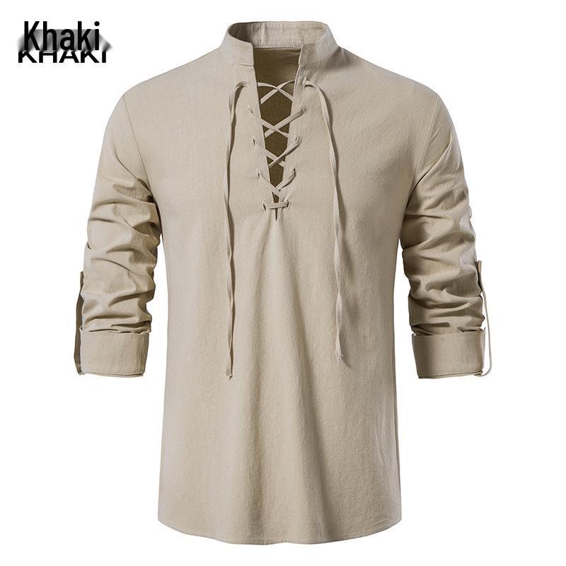 2026 Men s Cotton Henley Hippie Casual Beach Long Sleeve Stand-Up Collar Shirt A275 S хаки