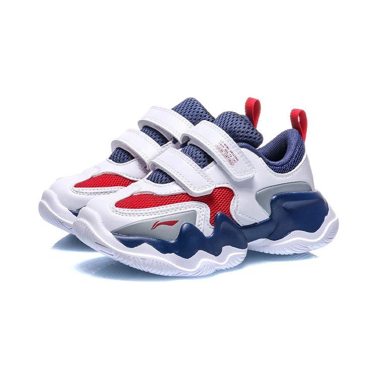 LiNing Kids  Velcro Comfortable Trendy Non-Slip Wear-Resistant Breathable Lightweight Low-Top Running Shoes Kids Sneaker White Red YKAQ026-3