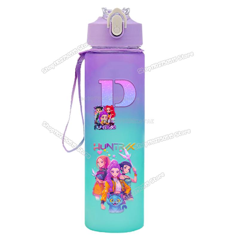 High Quality KPop Demon Hunters Gradient Water Bottles 750ml Movie Girl Letter A-Z Straw Drink Cups Portable High-capacity Outdoor Bottle