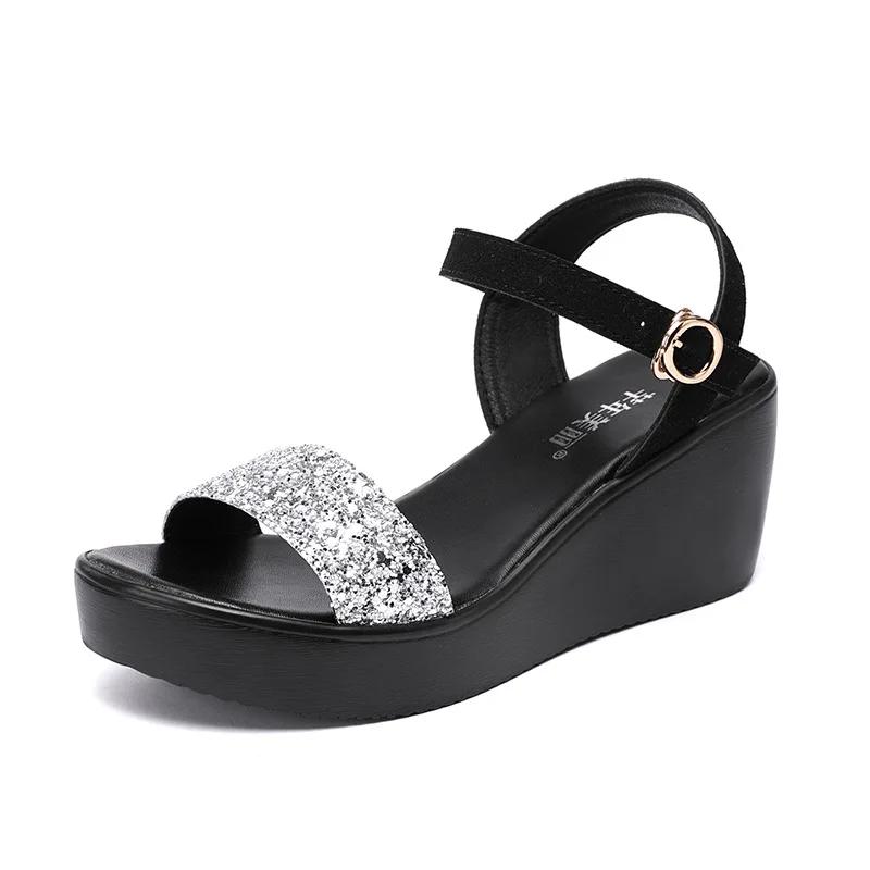 6cm Small Size 32-43 Bling Silver Black High Heels Shoes Summer Platform Sandals 2025 Women's Wedges Sandals for Office Beach