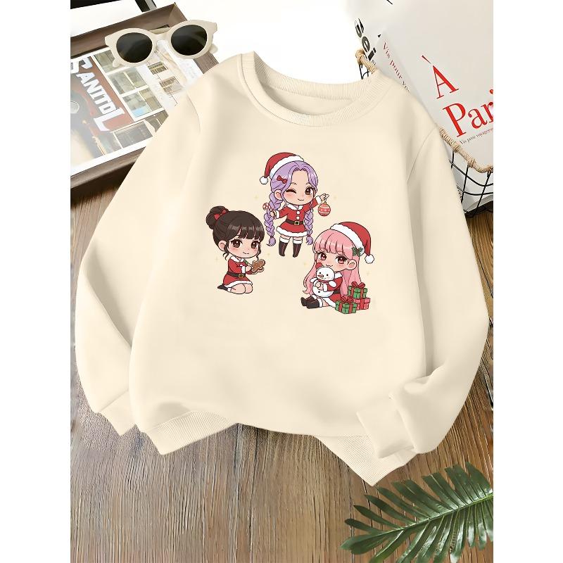 Kids Unisex Crewneck Sweatshirt, Cute Chibi Santa Girls Christmas Gift Snowman Gingerbread Print Soft Fleece Pullover For Boys Girls Over 4 Years Old