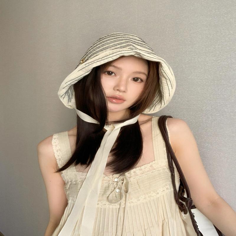 Ribbon Women Striped Fisherman Hat Wide Brim Foldable Summer Sun Hat Sun Protection Solid Color Sunshade Hat