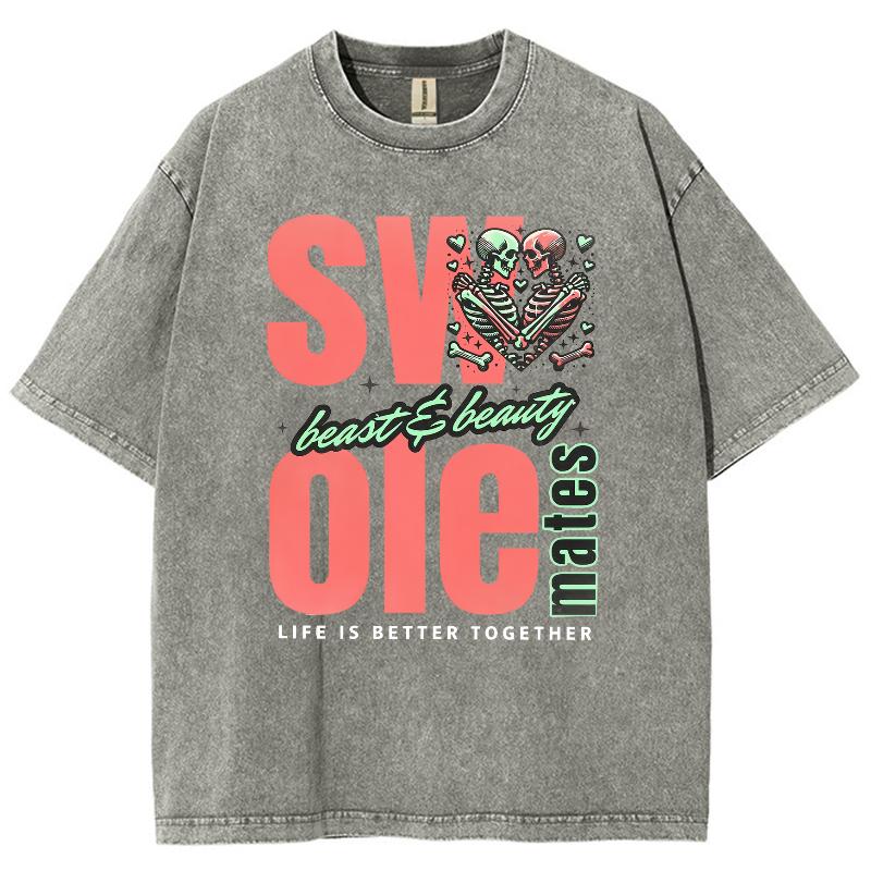 Casual Minimalist Oversized Monogram Print Women's T-Shirt Summer Comfortable Crewneck Washed Short Sleeve Street Top