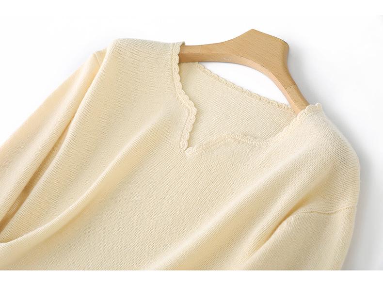 Women's 100% Wool V-Neck Lace Knit Pullover - Long Sleeve, Solid Color, Loose Fit Sweater for Autumn/Winter