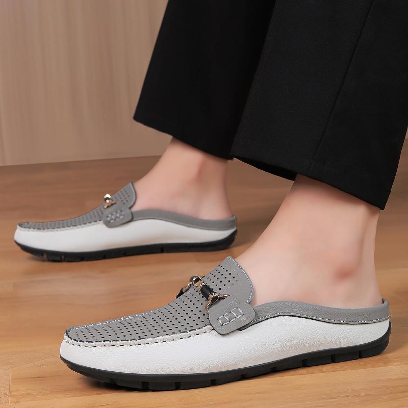 Fashion Men's Breathable Muller Shoes Hollow Out Genuine Leather Slip-On Walking Shoes Fashion Casual Flats Non-Slip Mens Slip on Shoes
