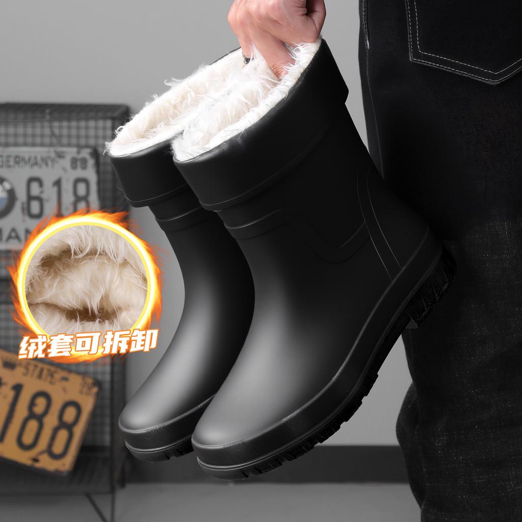 Winter warm men's rubber shoes waterproof pull rope rain shoes medium tube outdoor fashion belt rubber shoes non-slip fishing shoes