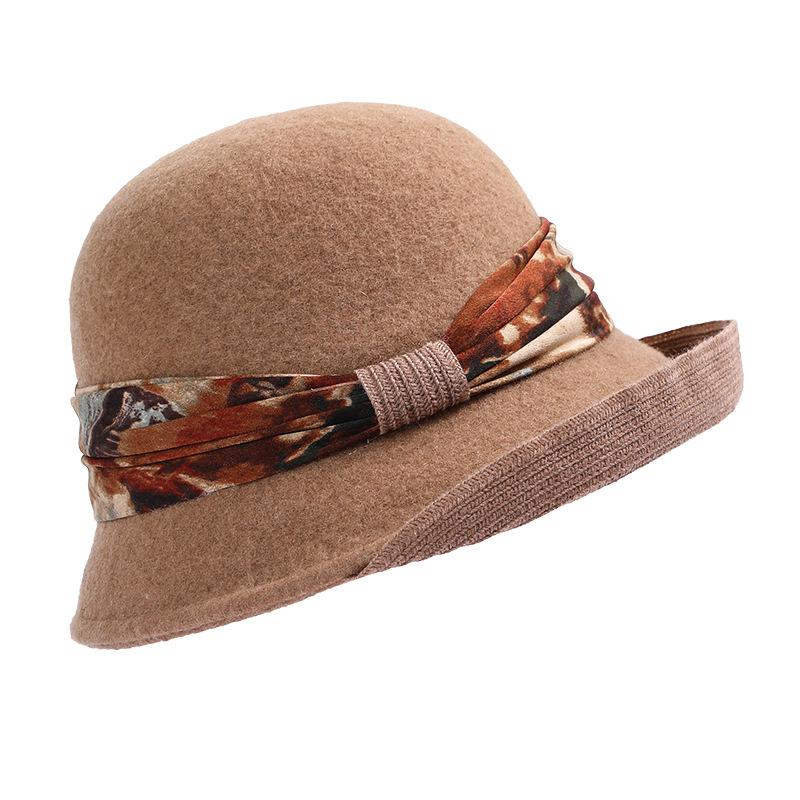Wool hat women's autumn and winter versatile basin hat Australian wool retro elegant top hat rolled brim bucket hat