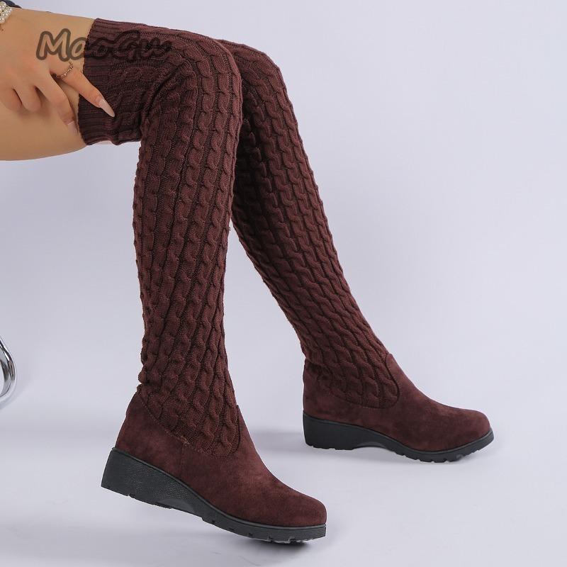 Größe 35-41 Damen Keilabsatz Oberschenkelhohe Stiefel Strick Stretch Sockenstiefel Rutschfest Herbst Winter Mode Über das Knie Lange Stiefel 2026
