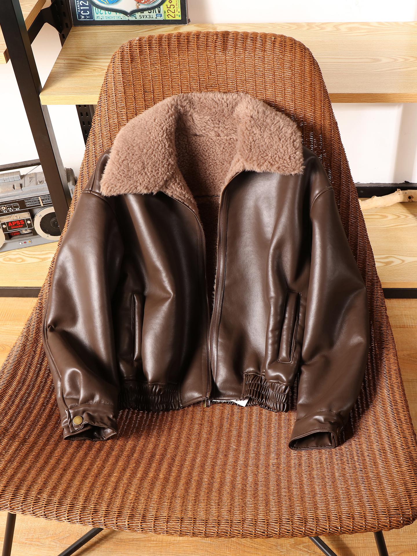 Women s Winter Faux Fur Collar Leather Jacket Small коричневый