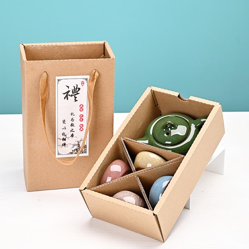 Barevná keramická čajová souprava s glazurou ledové trhliny, jedna konvička a čtyři šálky, dárek k otevření akce