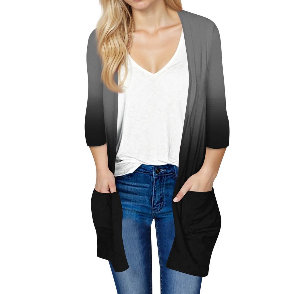 Women's Fashion Loose Casual Pocket Printed Cardigan Seven Sleeve Jacket Top