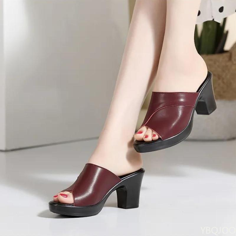 Wasserdichte Neue High-Heel Helle Leder Einfarbige Freizeitschuhe Damen Sommer Plateau-Sandalen Weibliche Dicke-Heeled Hausschuhe