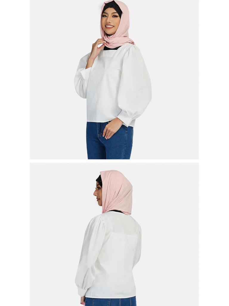 Women's Korean Fashion Lantern Sleeve Square Collar Shirt - Solid Color, Loose Fit