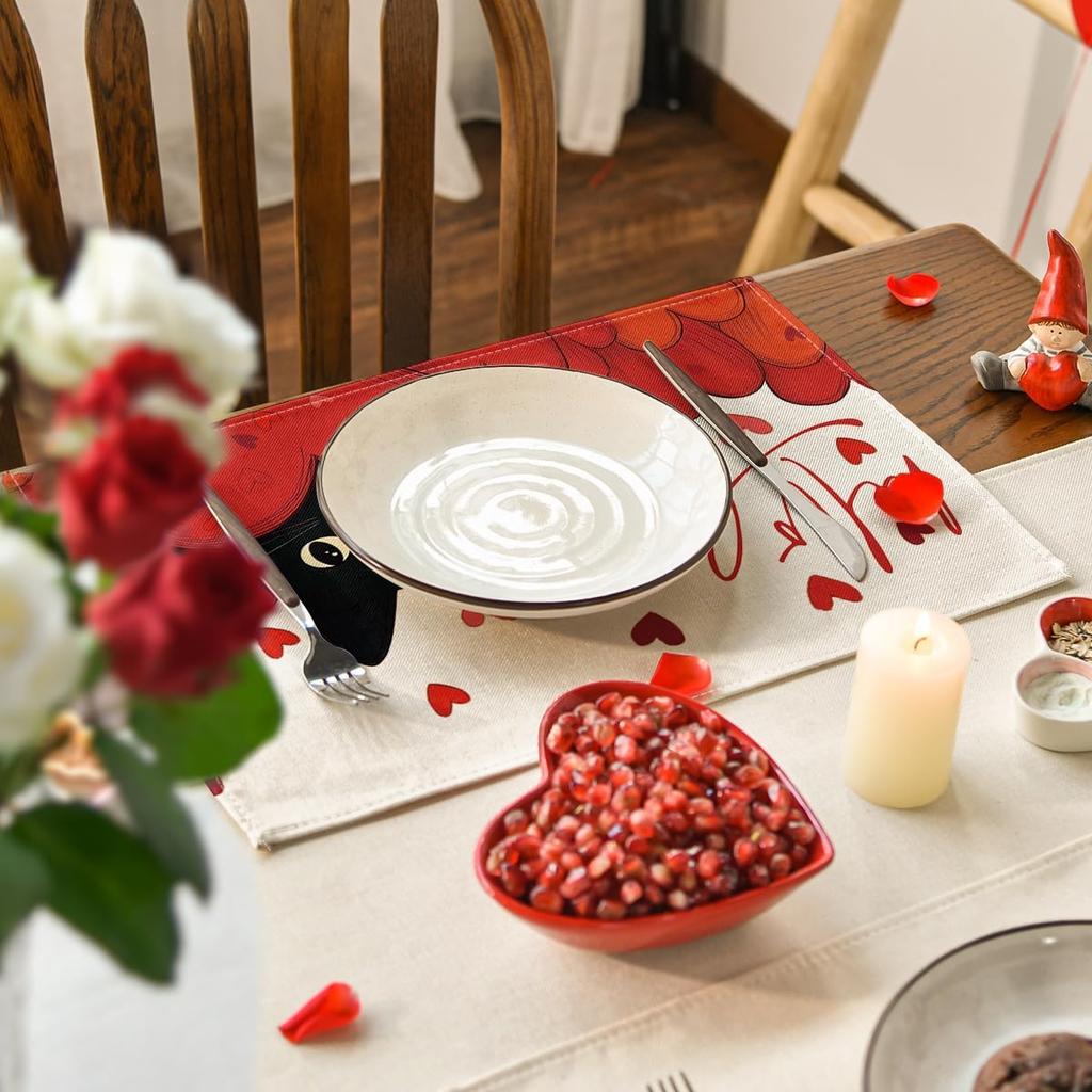 Artoid Mode Hello Love Heart Cat Valentine Placemats Set of 4, 12x18 Inch Wedding Anniversary Table Mats for Party Kitchen Dining Decoration