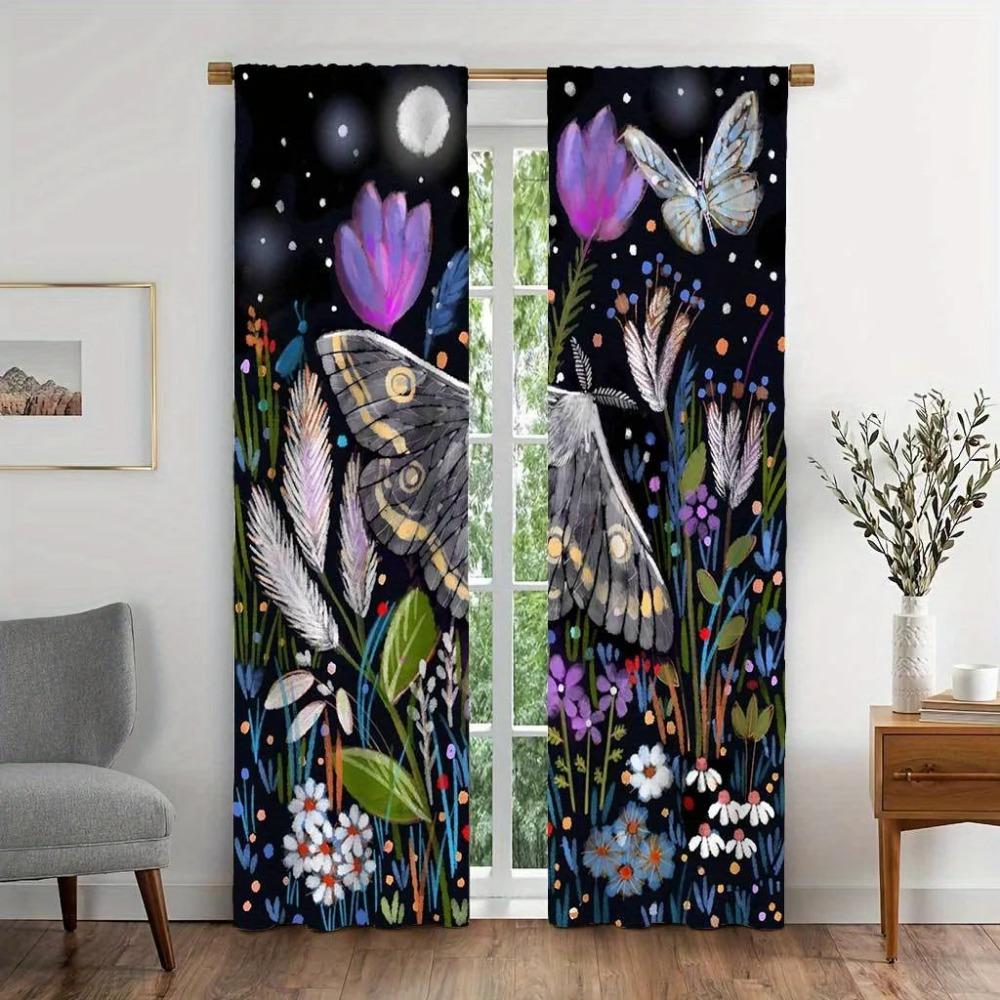 Elegant Vintage Floral Butterfly Print Jacquard Polyester Doorway Curtains with Tie Back Machine Washable Pastoral Theme Boho