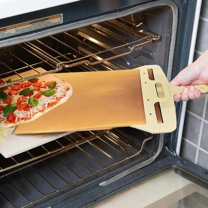 WIKHOSTAR Posuvná lopatka na pizzu, odnímatelná pro 12palcovou pizzu, dřevěná špachtle na pizzu s plachtami odolnými vůči vysokým teplotám