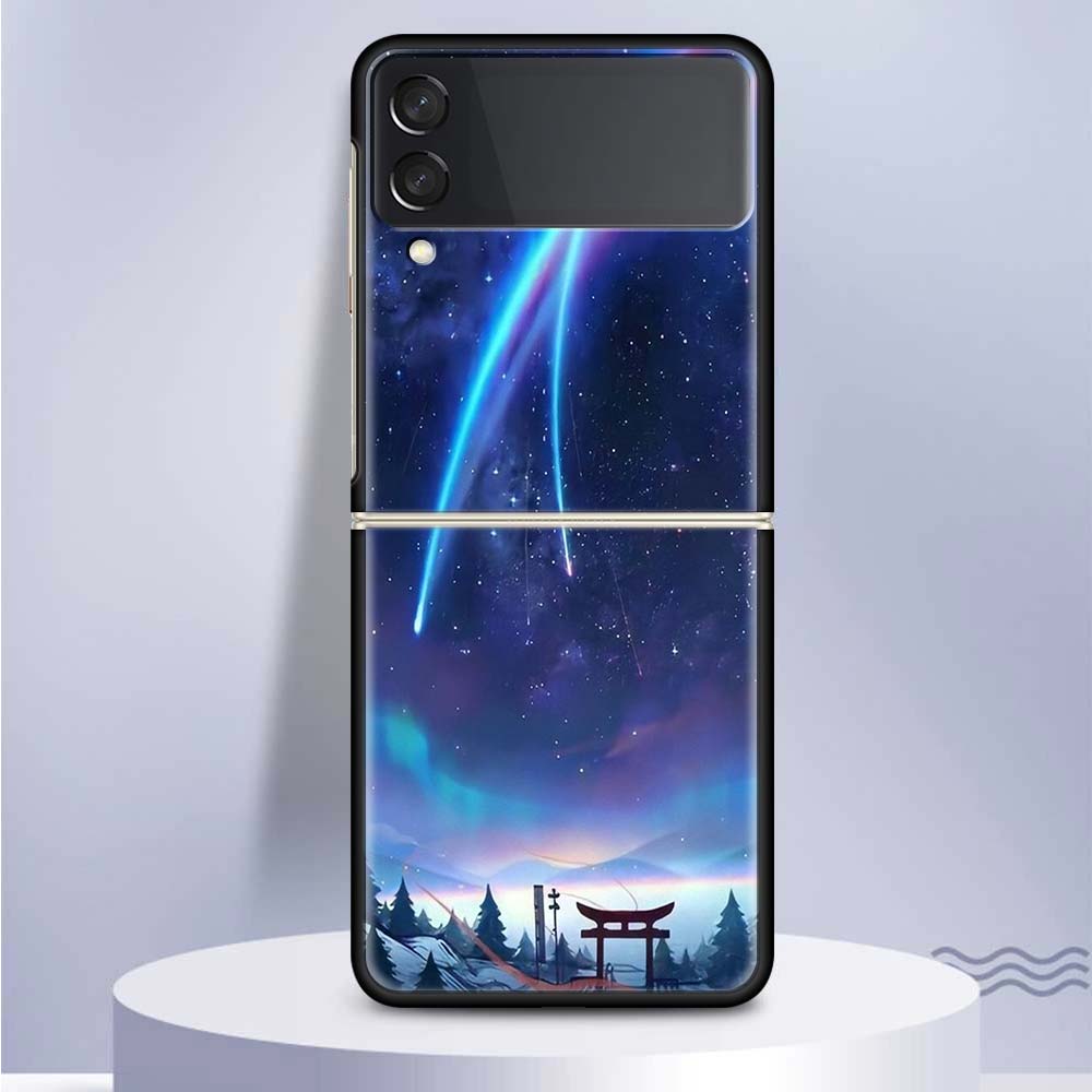 Anime Aesthetic Scenery Hard PC Clear Phone Case Cover for Samsung Galaxy Z Flip 7 6 5 4 3 5G Flip3 Flip4 Flip5 ZFlip6 ZFlip7 Bl