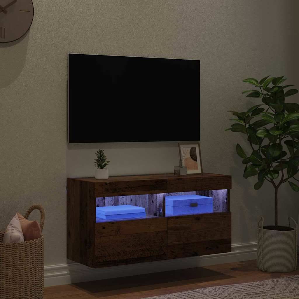 Wall Mounted TV Cabinet with LED Lighting Reclaimed Wood Look 80 x 30 x 40 cm Engineered Wood