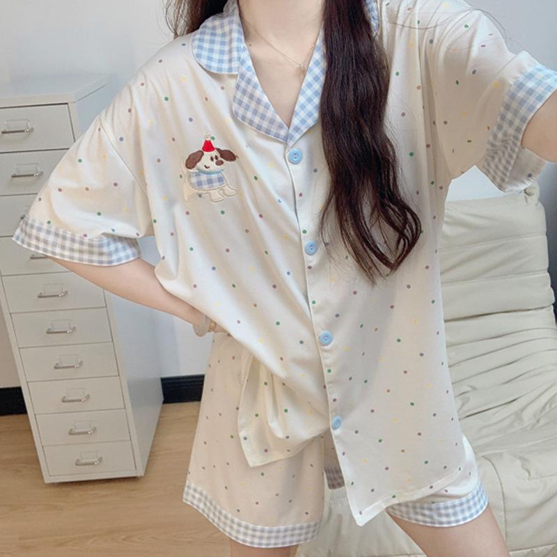 Polka Dot Puppy Pajamas Women'S Summer Contrasting Color Plaid Lapel Cardigan Short-Sleeved Loose Loungewear Set