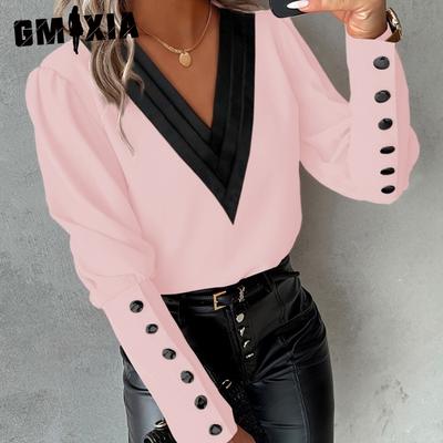 Жіночі модні повсякденні літні однотонні вільні блузки та сорочки з довгими рукавами та ґудзиками з V-подібним вирізом