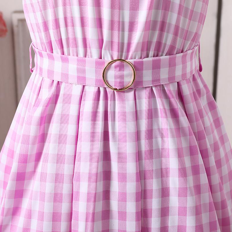 Vestito da bambina senza maniche a quadri rosa con scollo all'americana - Stile europeo e americano