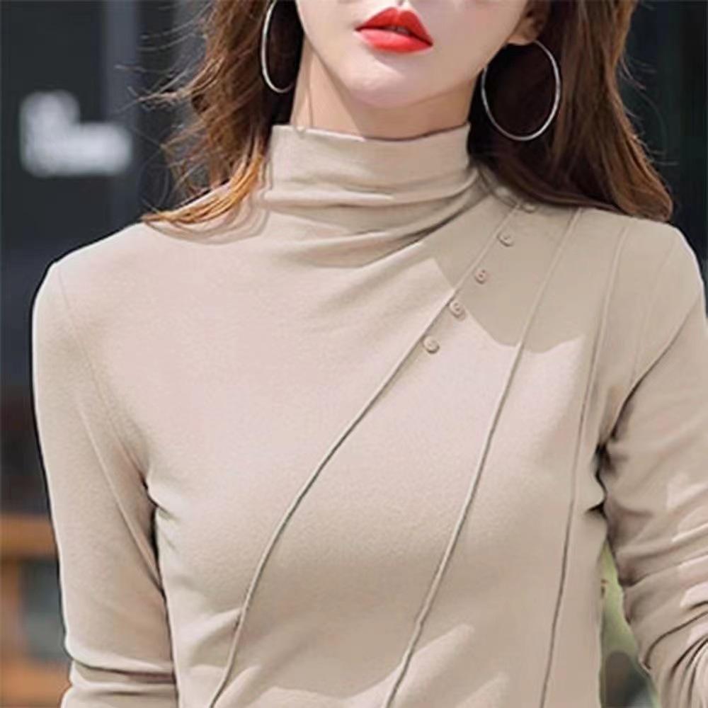 Tricou de damă cu gât semi-înalt, pentru mamă, din catifea germană dublă față, îngroșat, de bază, toamnă și iarnă, cu mâneci lungi, top la modă