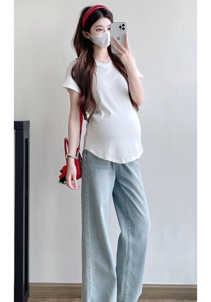 Maternity V-Neck Short Sleeve Pleated T-Shirt - Loose Fit, Belly-Covering, Solid Color, Summer Style