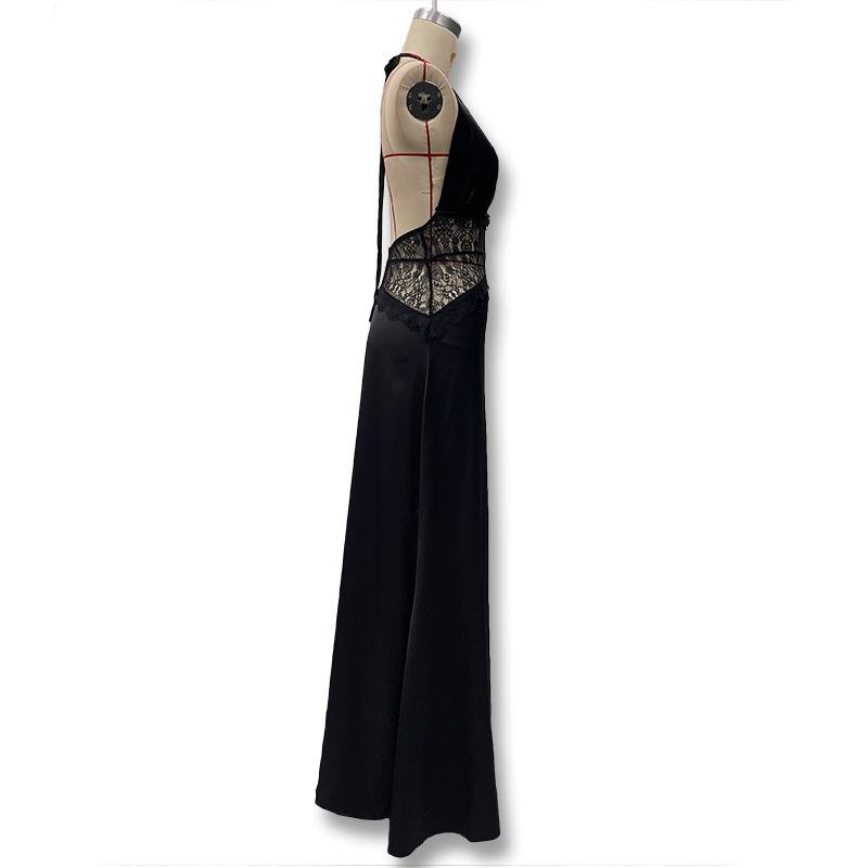 European Style 2025 Summer Women's Deep V Lace-Up Backless See-Through Slim Fit Dress