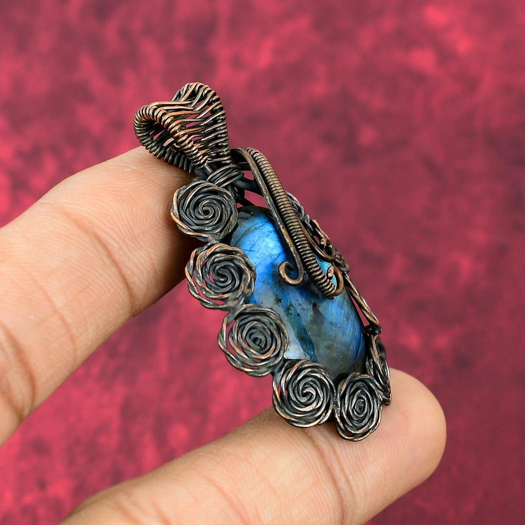 Labradorite Pendant Copper Wire Wrapped Pendant Handmade Designer Pendant Wire Wrap Gemstone Jewelry Flower Pendant Copper Jewelry For Gifts
