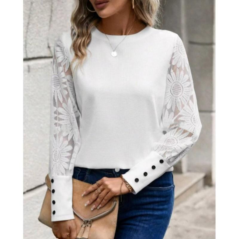Women's Solid-Color Long-Sleeve Embroidered Lace-Panel Round-Neck Top Comfortable Spring/Fall Casual Everyday Wear