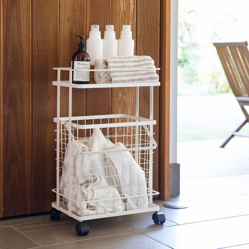 EMOOR Laundry Basket, Laundry Cart, White, Basket, Laundry Rack, Cart, Laundry Basket, 2-Tier, Mesh, with Casters