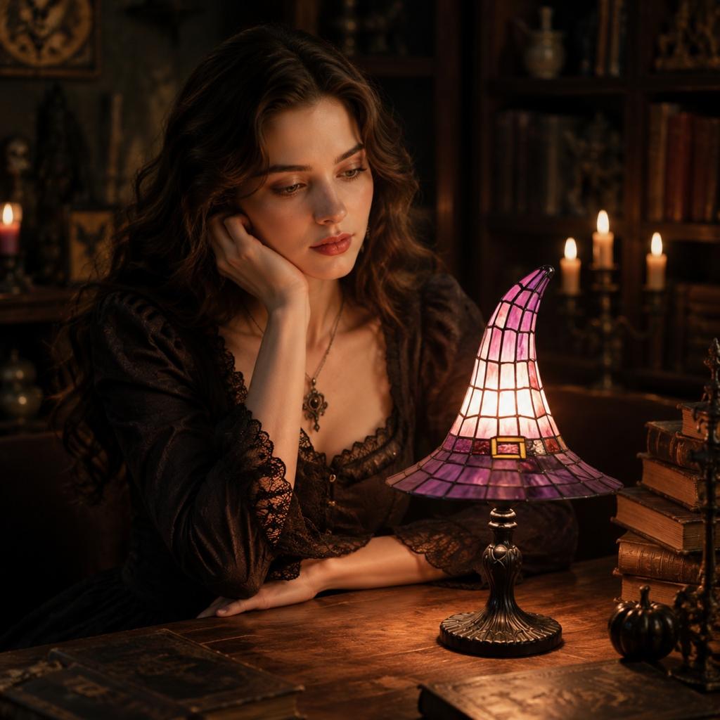 18cm Decorative Witch Hat Table Lamp with Stained Glass Style Shade and USB Plug for Indoor Seasonal Ambience Lighting
