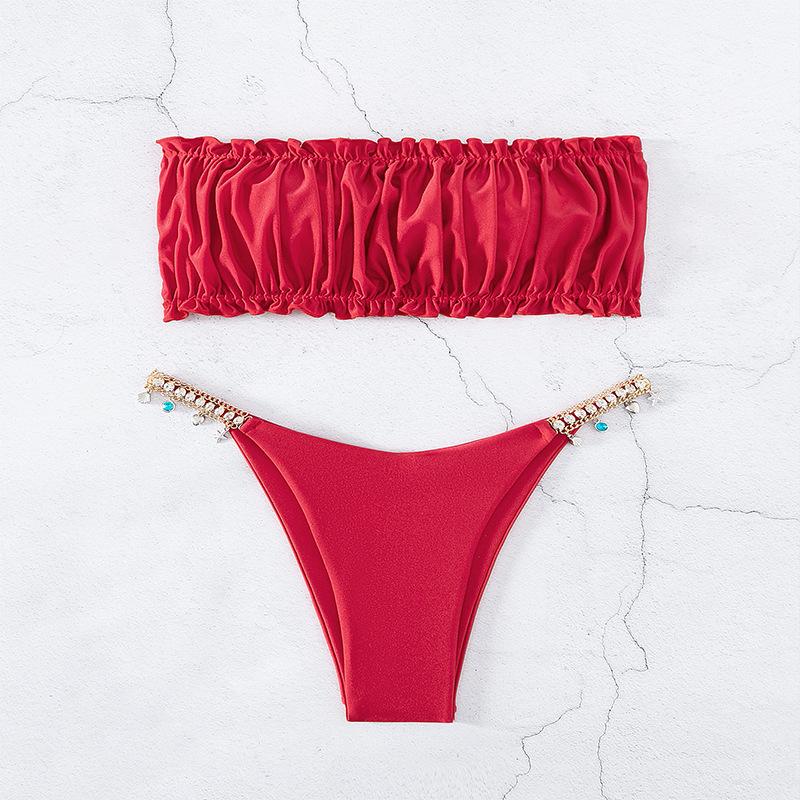 2025 Bez ramiączek Jednokolorowe Rozcięte Bikini - Europejska i Amerykańska Modna Seksowna Odzież Kąpielowa