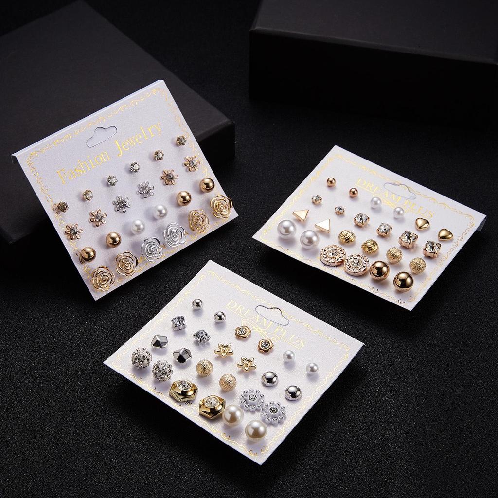 12 Pairs of Zircon Stud Earrings: Pearl, Flower & Bow Designs