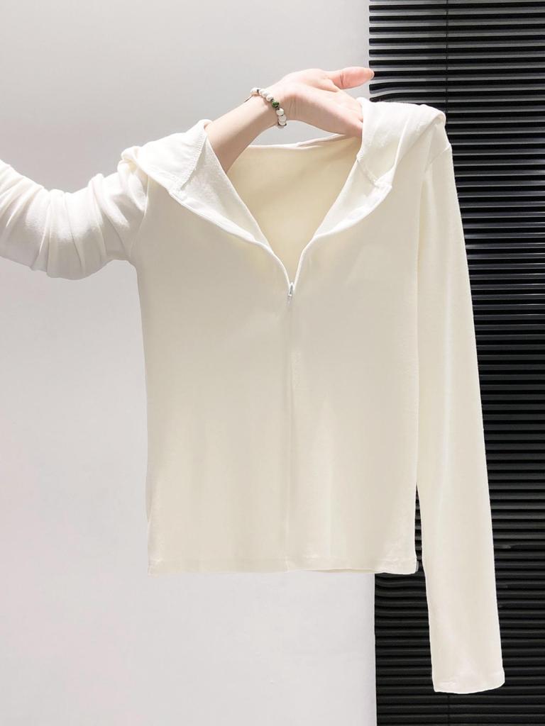 Women's Petite Slim Fit Hooded Half-Zip Long-Sleeve T-Shirt - Ideal Base Layer for Spring, Autumn, Winter