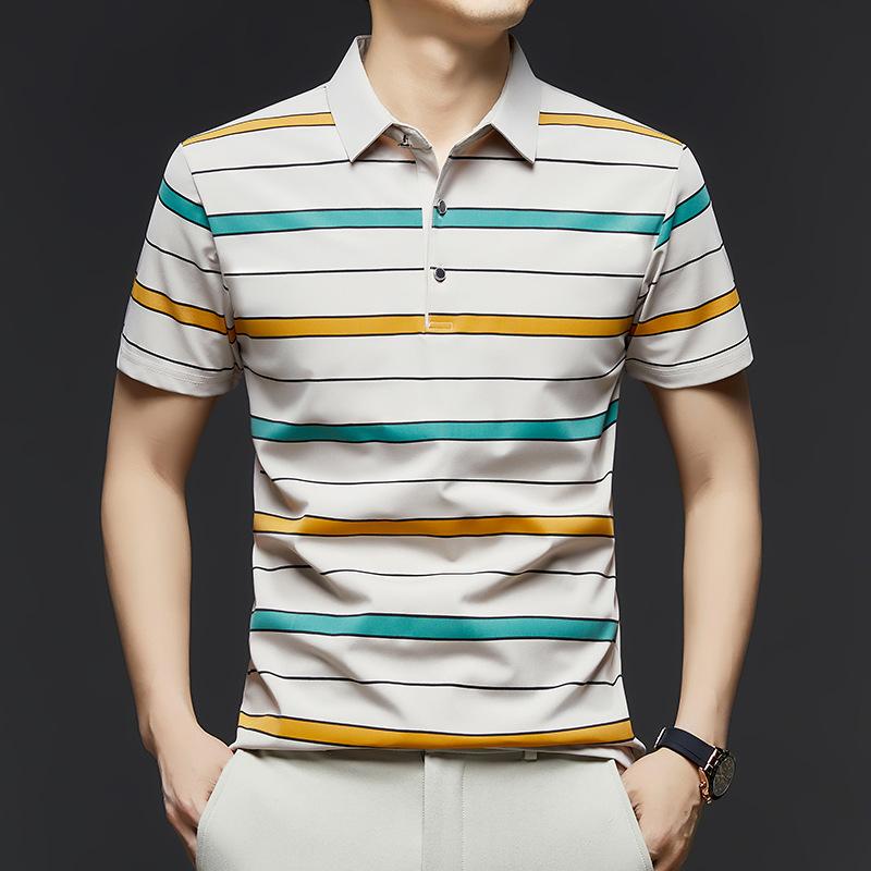 Short Sleeved Men's Polo Shirt Summer New Business Casual Striped Thin Ice Silk T-shirt Base Shirt