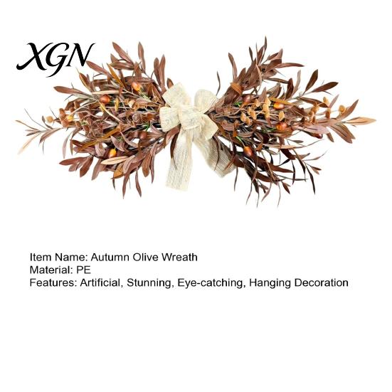Indoor Outdoor Autumn Wreath 23.6" Artificial Olive Wreath, Faux Fall Leaf Teardrop Swag, Door Hanger for Front with Burlap Bow Thanksgiving