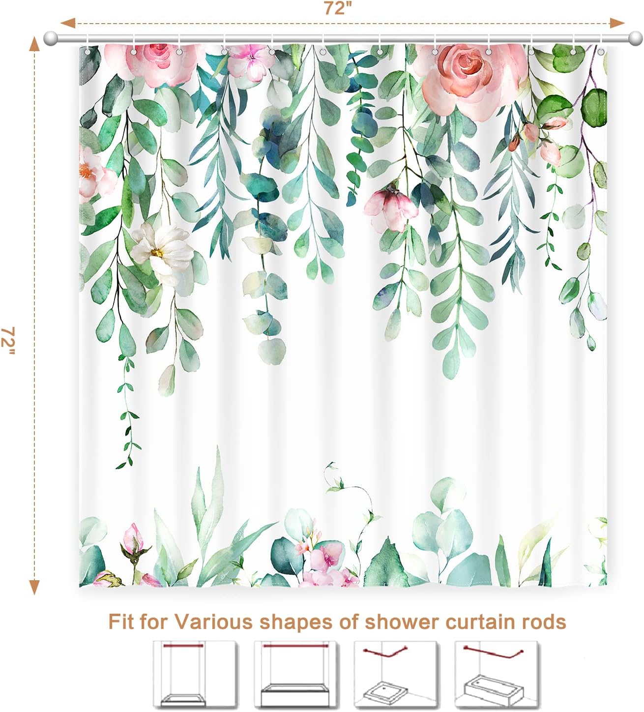 

Watercolor Eucalyptus Shower Curtain, Spring Shower Curtain Green Leaves With Blooming Floral, Polyester Fabric Waterproof Showe W60H190(CM)-1 Pcs