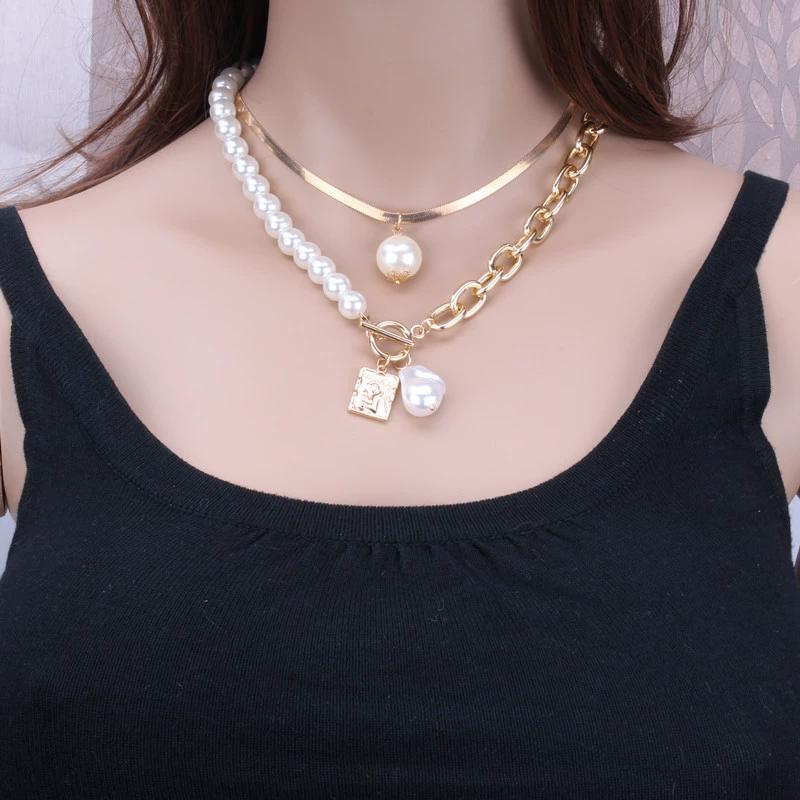 1 Pezzo Moda Donna Collane con Ciondoli di Perle a 2 Strati Collana con Catena a Serpente in Metallo Gioielli Nuovo Design Regalo