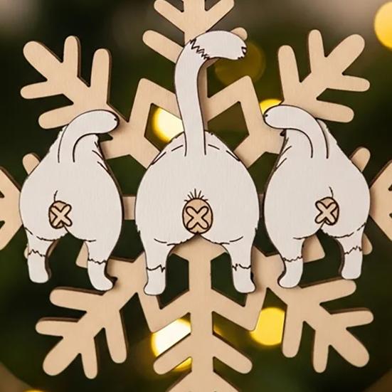 Cat Butt Snowflake Christmas Ornament Funny Cat Butt Wooden Xmas Tree Ornament Snowflake Shape Hanging Pendant for Tree Home Decor