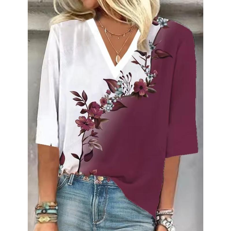 Summer New Women T-shirt Floral 3d Print Tshirt Women Fashion V-Neck Short Sleeve Oversized Tops Tee Female Clothes Harajuku Y2k