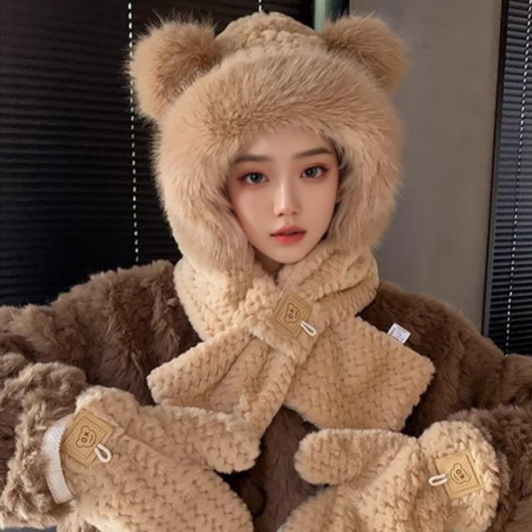 Bear Hat Scarf Integrated Women's Autumn and Winter Riding Cold Scarf Warm Ear Protection Cute Plush Gloves Mask