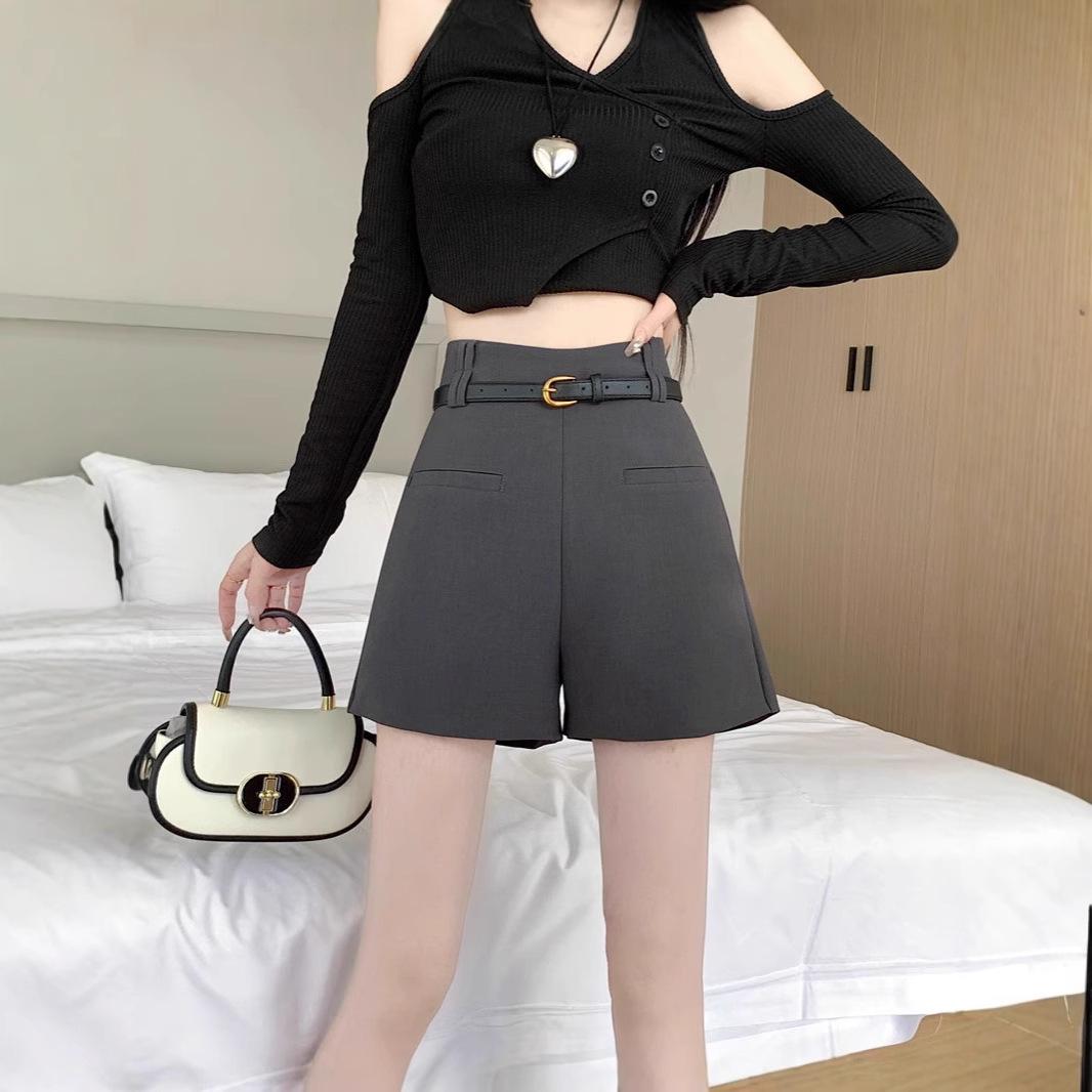 2026 Spring/Summer Women s Grey A-Line High-Waisted Wide-Leg Suit Shorts M