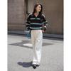 Demana Women's Retro Striped Color Block Turn-Down Collar Sweater