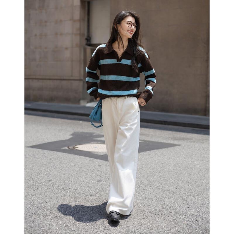 Demana Women's Retro Striped Color Block Turn-Down Collar Sweater