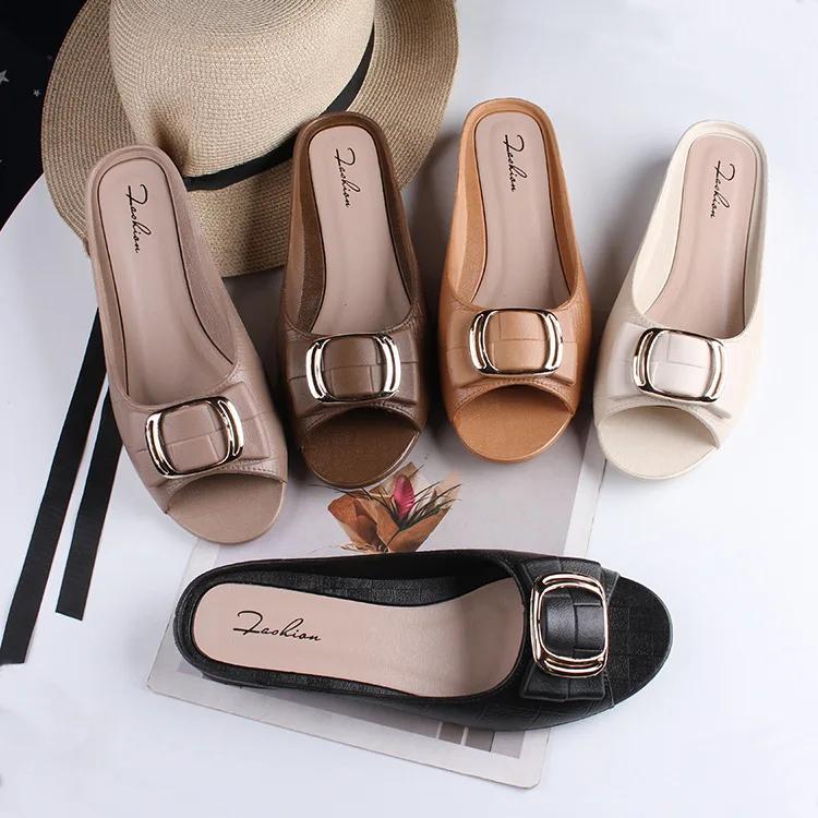 Fashion Women's Summer Slippers 2025 New Square Buckle Casual Peep Toe Beach Shoes Fashion Flat Chunky Heels Sandalias Zapatillas Mujer