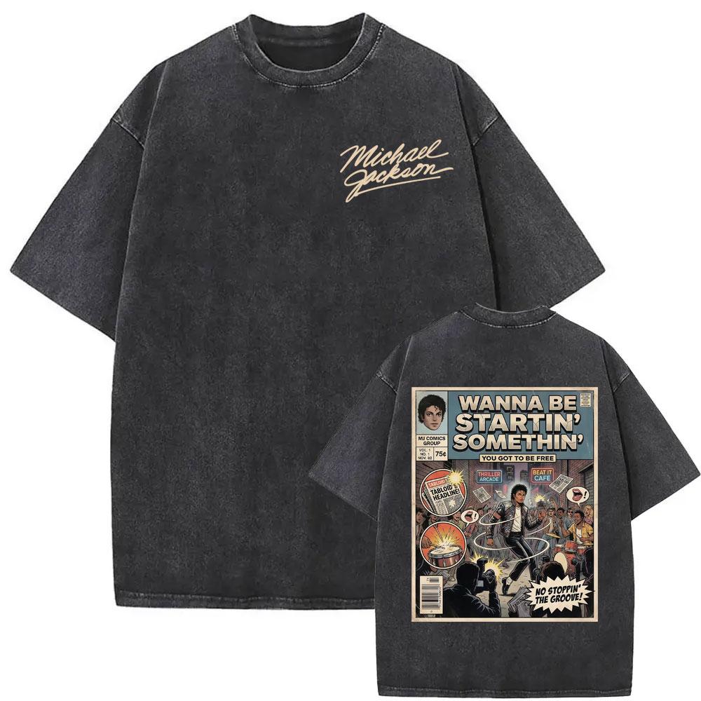 Benber vintage style Koning van de Pop Michael Jackson Bad Tijdperk Vintage Gewassen T-shirts Mannen Vrouwen Mode Klassieke Casual T-shirts Zomer Tops Katoenen T-shirt M