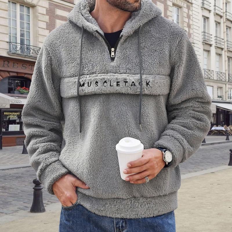 Men Fuzzy Sherpa Half Zip Drawstring Hooded Sweatshirt With Letter Print