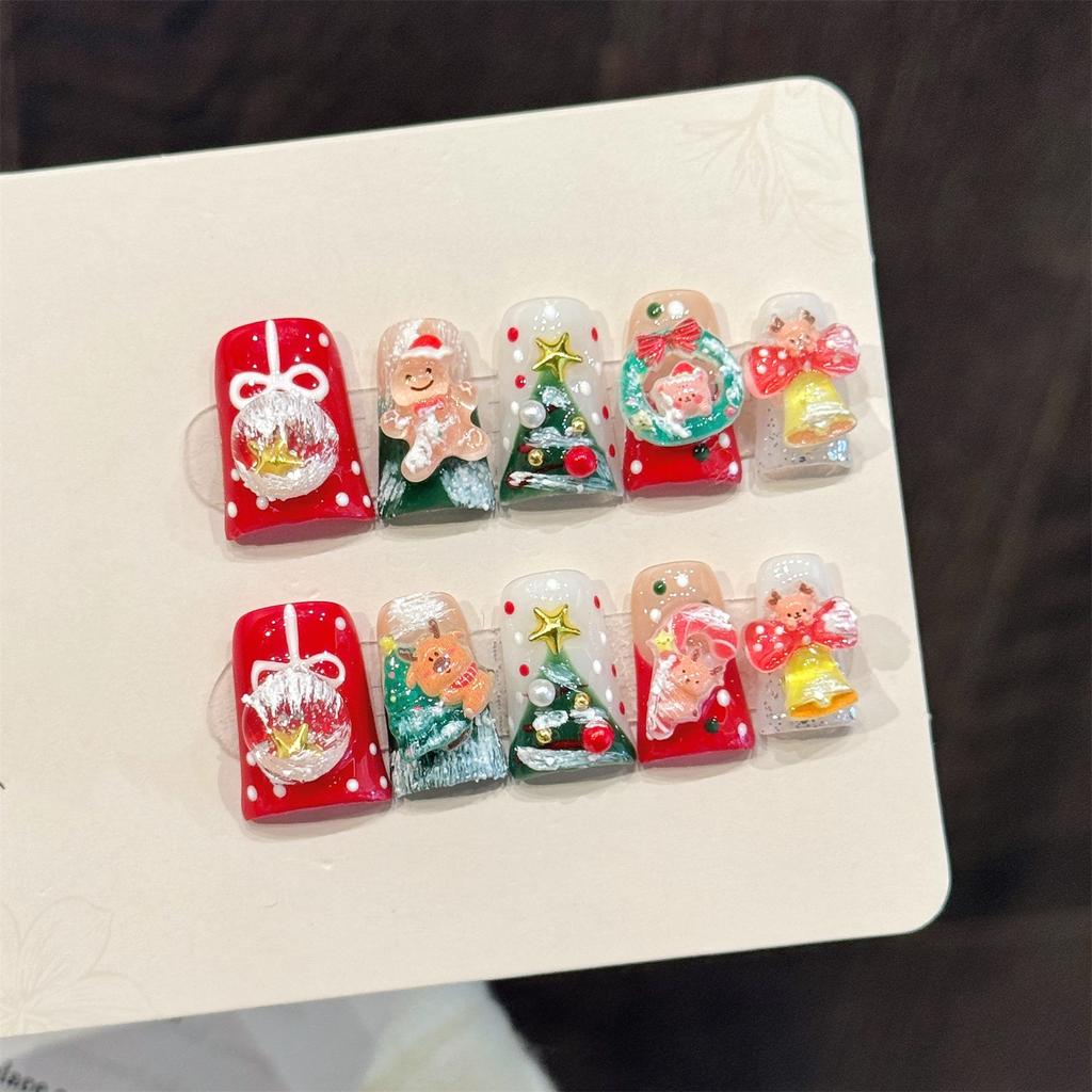 10PCS Christmas Artificial Nails with Duckbill Design Holiday Theme Press On Nails for Women Girls Festive Party Nail Art Decoration