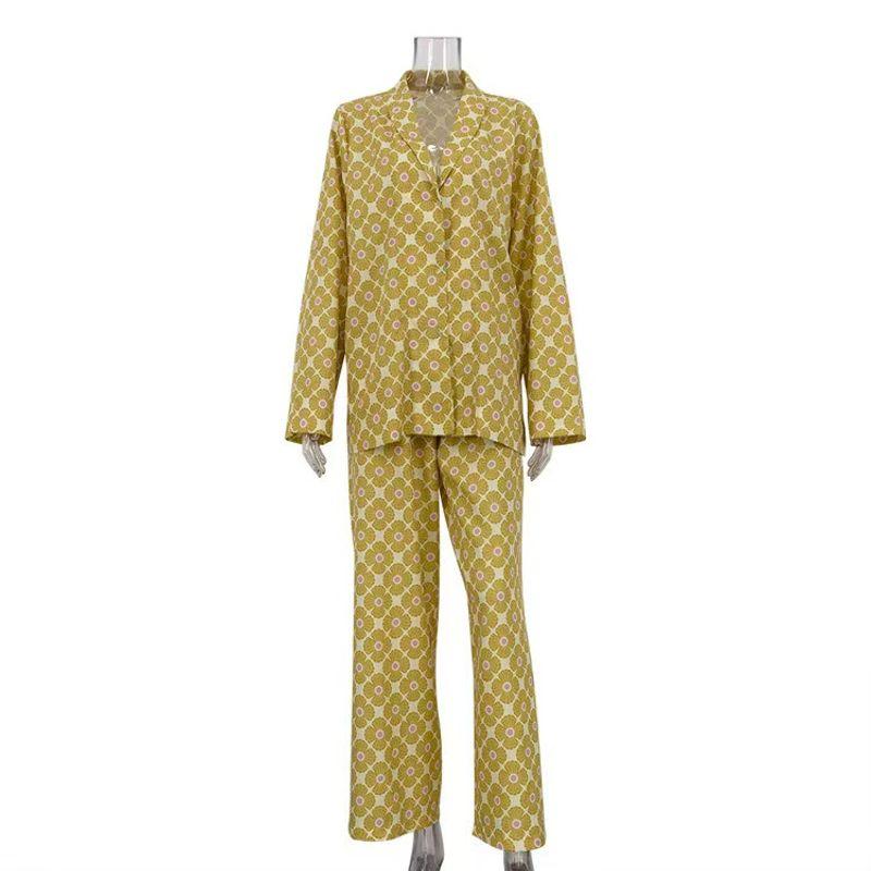 

European and American New Fashion Loose Print V-neck Top Trousers Set Printed Top and Pants Set Yellow L